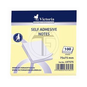 Öntapadó jegyzettömb, 75x75 mm, 100 lap, VICTORIA, sárga