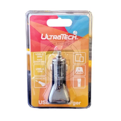 UltraTech Autoladegerät 1xUSB-A (20W), 1xUSB-C (12W) 12-24V DC Schnellladegerät